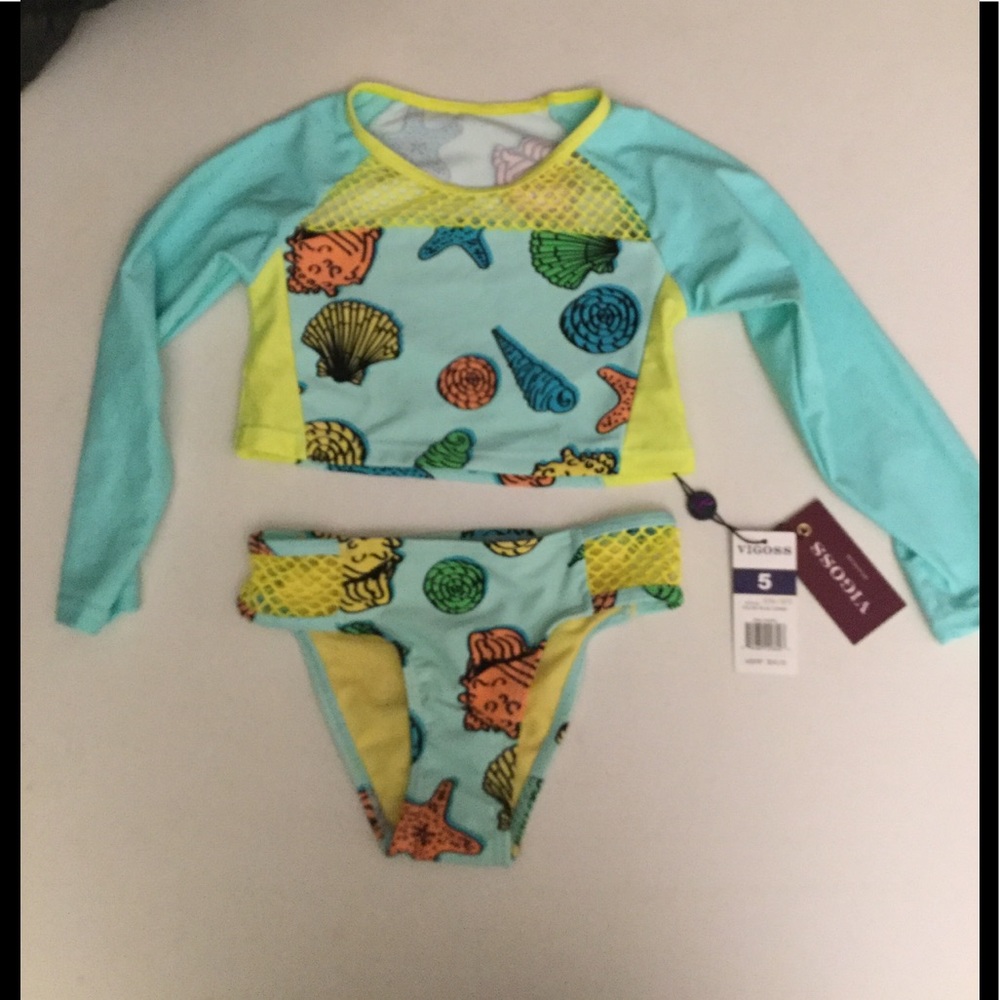 NWT Vigoss Size 5 All of the Shells Bright Yellow Aqua 2 pc Rash guard swim set.